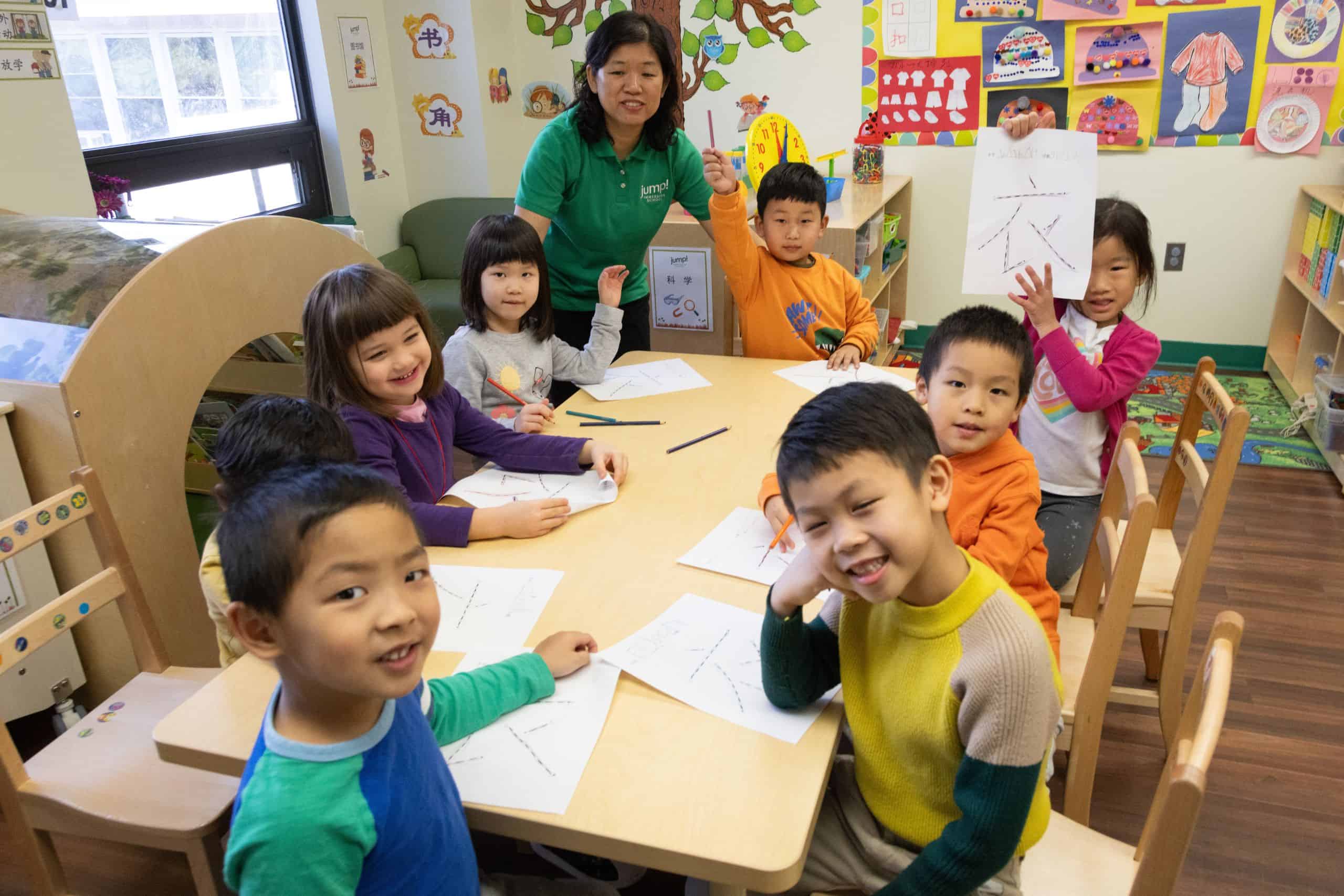 Teacher around table Morning Meeting Workshops at Jump Immersion School
